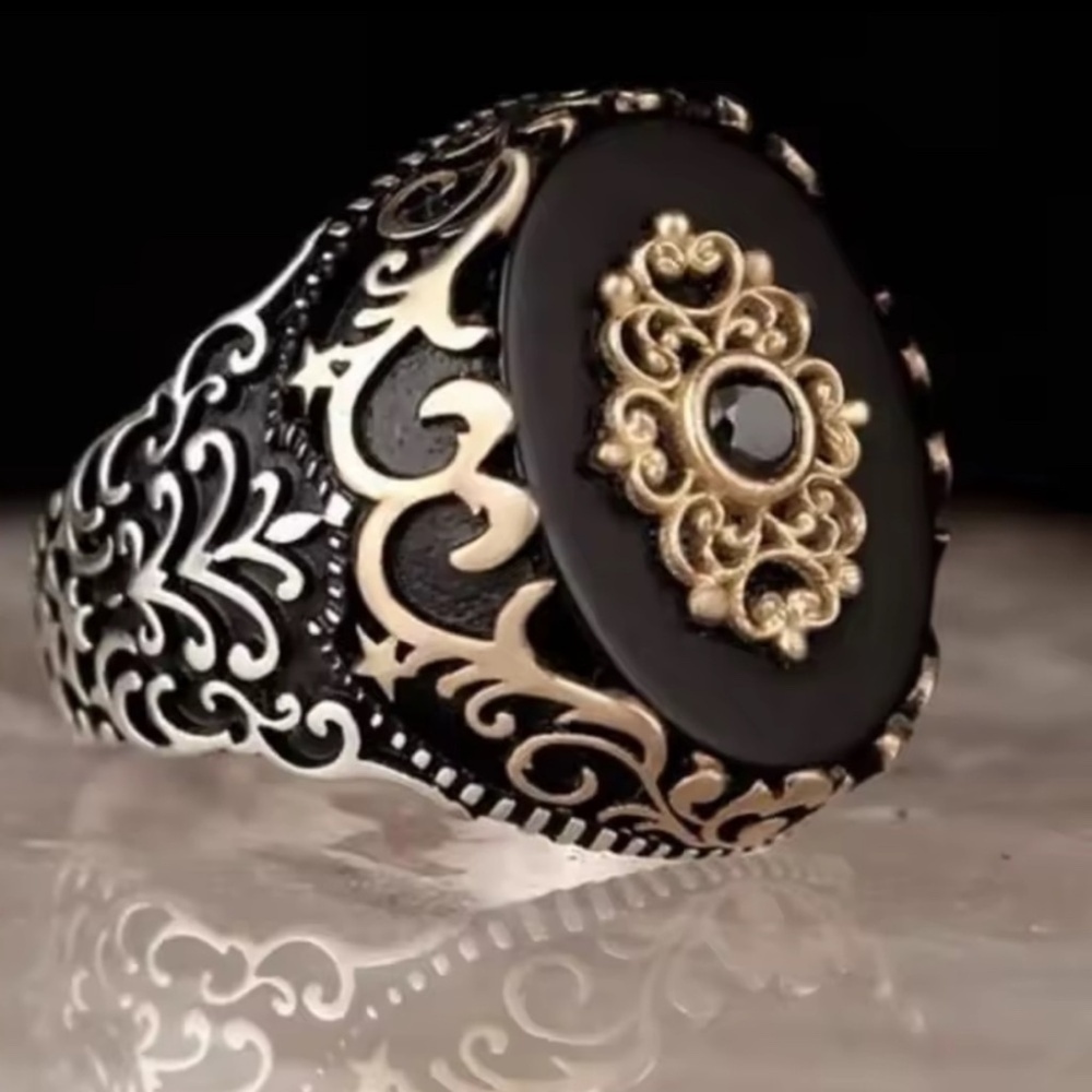 Vintage Black Onyx Gold Filigree Ring – Gothic Boho Statement Jewelry